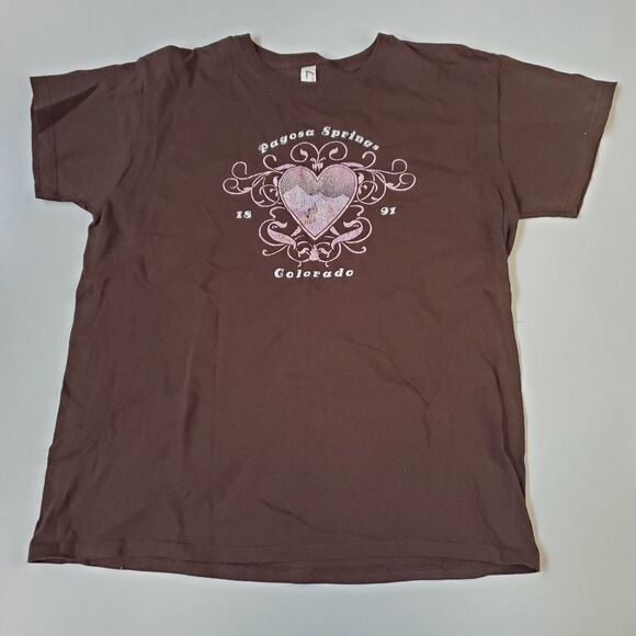 L  PAGOSA SPRINGS COLORADO CO brown pink HEART TSHIRT large - Picture 2 of 7